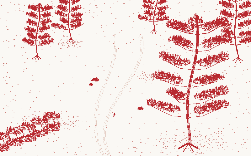 An original pixel pine grove with an old tree, a winding path and a small figure.
